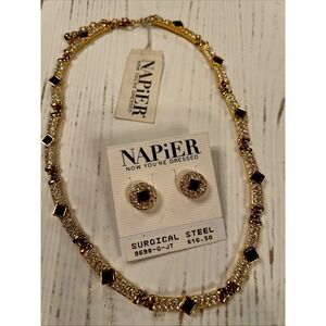 Vintage RUNWAY NAPIER 1990 NOS Black Clear Crystal Necklace & Earrings Orig Tags